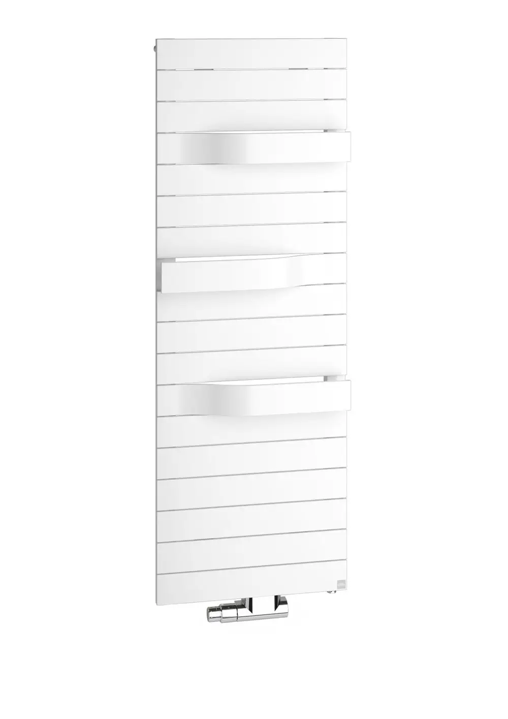 Kermi-Heizkörper in Weiß mit horizontalen Lamellen und drei Ablagen. Der Anschluss erfolgt über die Mitte oder die Seite. Ideal für moderne Räume und einfache Montage.